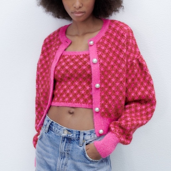 NWT Zara Pink Check Knit Wool Blend Crop Top Size S - Picture 8 of 12